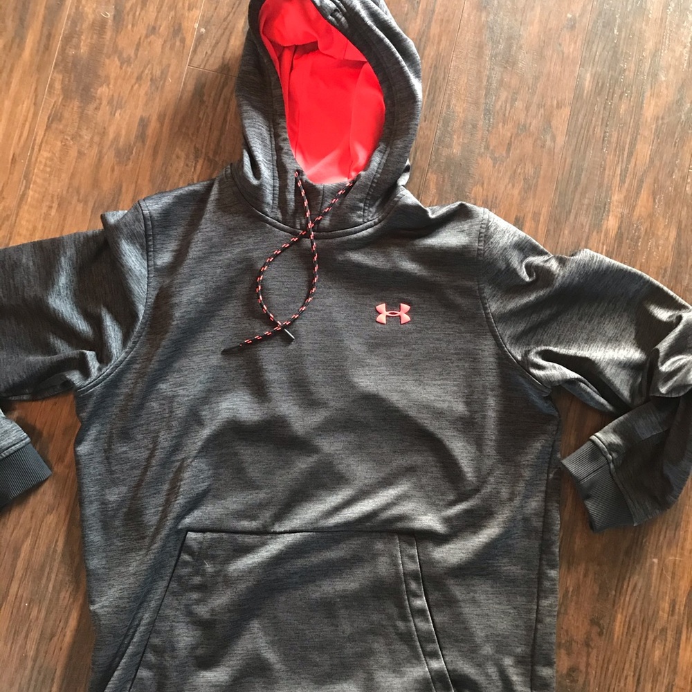 Barely worn! UA grey/black hoodie. Orange inside L